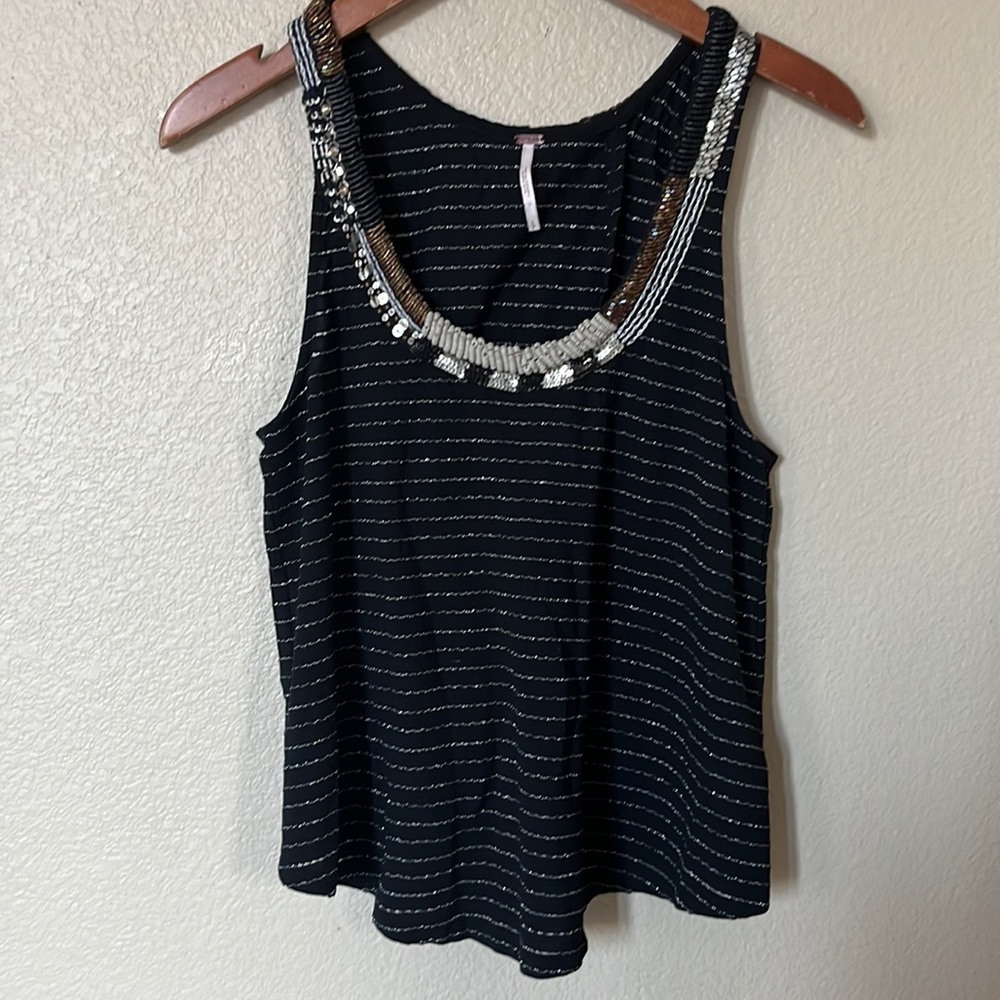 Free People Black Embellished Cropped Beaded Split Tulip Back Tank Size S